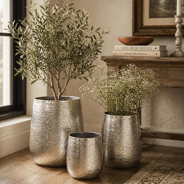 21 in., 16 in., and 13 in. Large Silver Aluminum Indoor Outdoor Planter with Hammered Design (3- Pack)