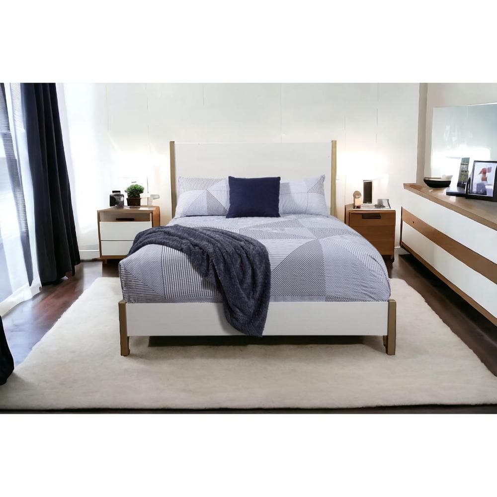 Queen White and Brown Upholstered Wood Frame Bed