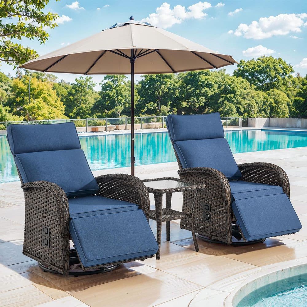 Rotavia Reclining 3-Piece Wicker Outdoor 360° Swivel Recliner, Adjustable Backrest with Blue Cushions, Side Table price history on PriceWatchPro