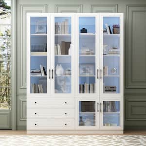 78.7 in. Tall White Paint Finish Wood 10-Shelf Accent Bookcase with Glass Doors, LED Lights, Drawers, Adjustable Shelves