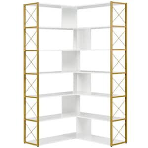 37.4 in. Wide 7-tier White Gold Bookcase L-Shaped Corner Bookshelf with Open Storage Shelves
