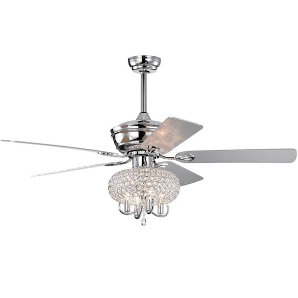 HKMGT 52 in. Indoor Chrome Ceiling Fan with Crystal Lampshade, 2-Color-Option Blades and Remote Included