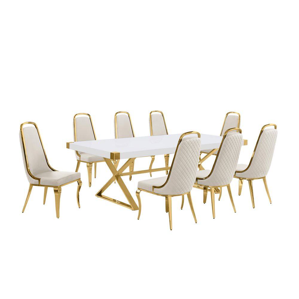 Miguel 9-Piece Rectangle White Wood Top Gold Stainless Steel Dining Set with 8 Cream Chairs price history on PriceWatchPro