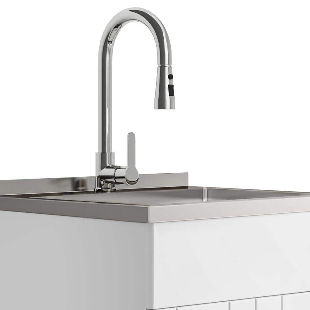 24-Inch White Shaker Utility Sink Cabinet with Stainless Steel Faucet