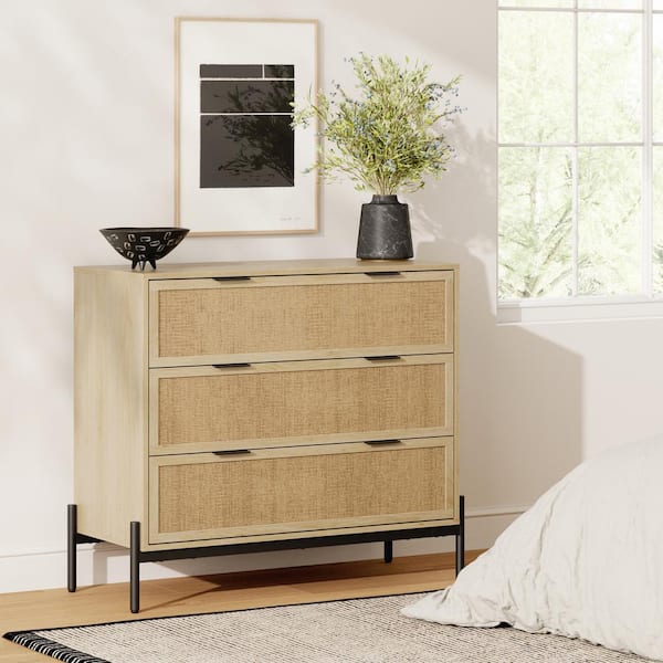 Nathan James Andrew Light Oak 3 Drawer 39 in. W Bohemian Dresser Storage Cabinet with Natural Rattan Accent and Black Metal Legs