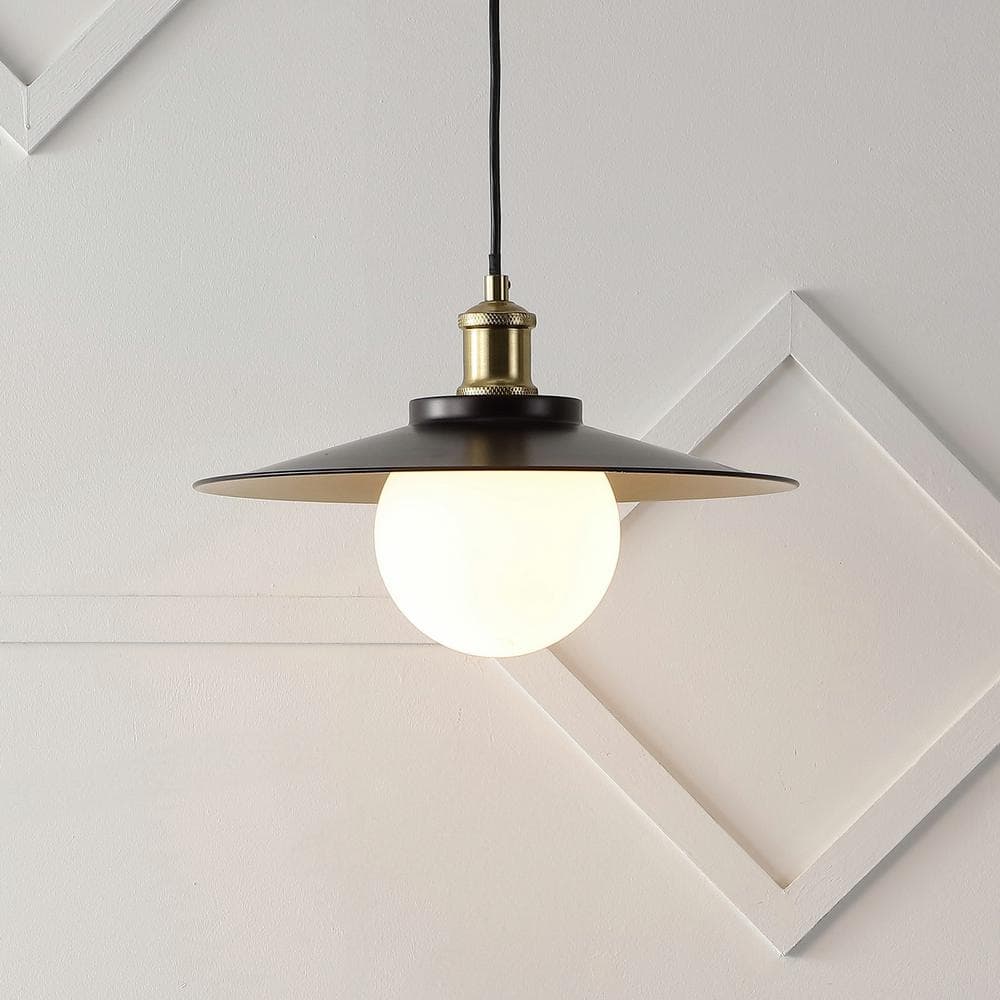 JONATHAN Y Hadley 14.5 in. 25-Watt 1-Light Bronze Scandinavian Iron/Frosted Glass LED Pendant Light, Oil Rubbed Bronze/Brass Gold