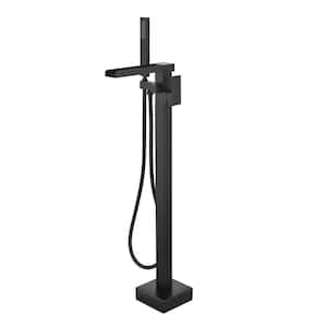Single-Handle Waterfall Floor Mounted Freestanding Tub Faucet with Hand Shower in Matte Black