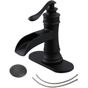 Waterfall Single Hole Single-Handle Low-Arc Bathroom Faucet With Pop-up Drain Assembly In Matte Black