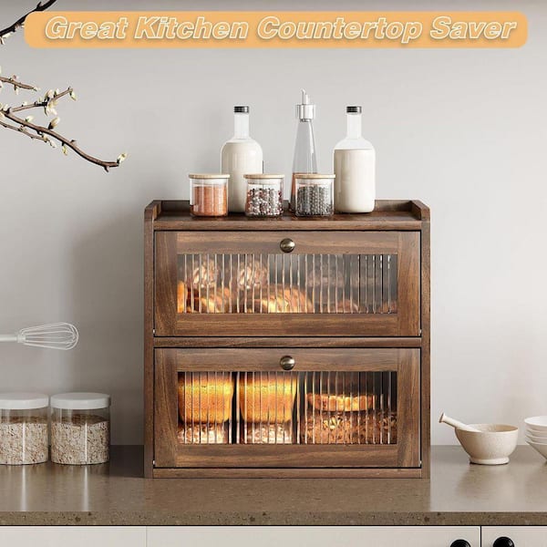Double Layer Large Bread Box Retro Brown Wood Acrylic Window Ventilated Kitchen Counter Organizer Set
