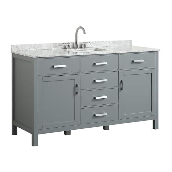 BEAUMONT DECOR Hampton 61 in. W x 22 in. D Bath Vanity in Grey with Marble Vanity Top in White