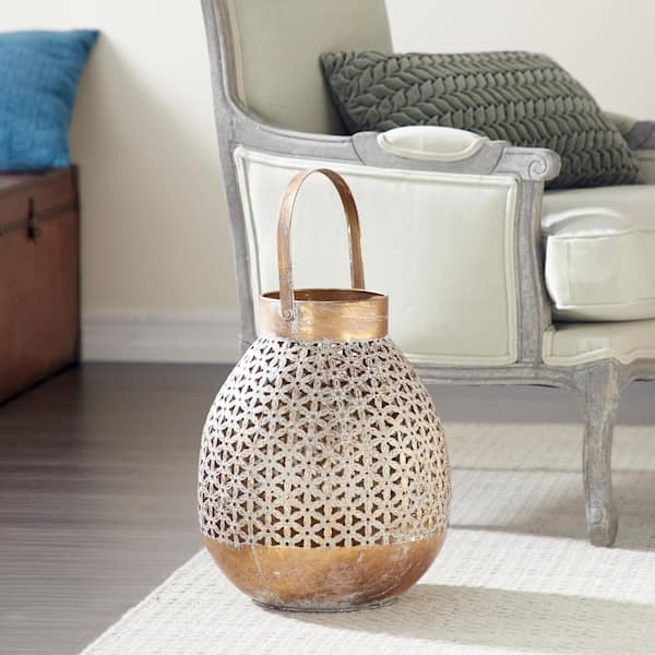 Litton Lane 16 in. H Gold Metal Laser Cut Metal Decorative Candle Lantern with Moroccan Pattern