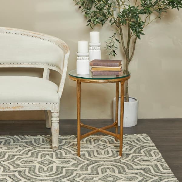 Litton Lane 18 in. Gold Textured Large Round Glass End Table with Glass Tabletop