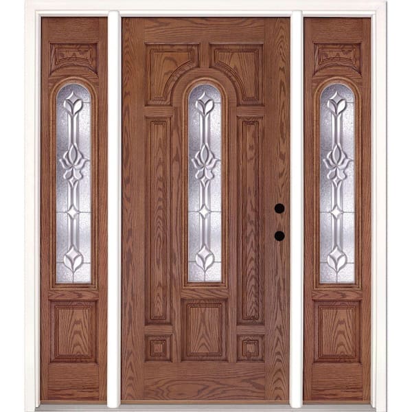 Feather River Doors 63.5 in.x81.625 in. Medina Zinc Center Arch Lite Stained Medium Oak Left-Hand Fiberglass Prehung Front Door w/Sidelites