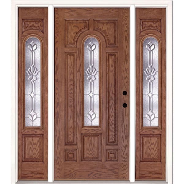 63.5 in.x81.625 in. Medina Zinc Center Arch Lite Stained Medium Oak Left-Hand Fiberglass Prehung Front Door w/Sidelites