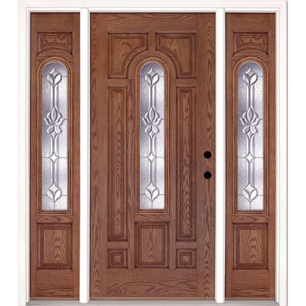 63.5 in.x81.625 in. Medina Zinc Center Arch Lite Stained Medium Oak Left-Hand Fiberglass Prehung Front Door w/Sidelites