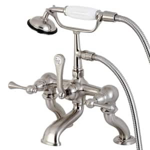3-Handle Deck-Mount Claw Foot Tub Faucet with Hand Shower in Brushed Nickel