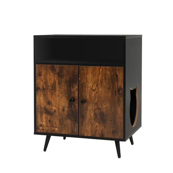 Industrial Cat Litter Box Enclosure with Entry and Open Compartment in Rustic Brown