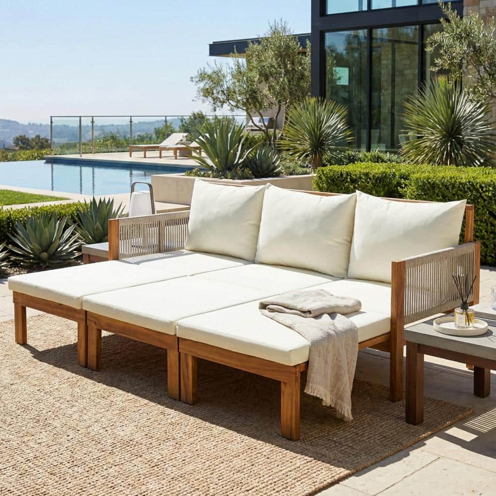 Wood Outdoor 3 Seat Sofa, Sofa Bed, Daybed with Beige Cushions
