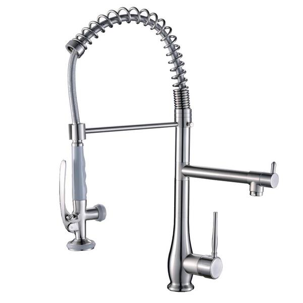 Tahanbath Double Handle Gooseneck Pull Down Sprayer Kitchen Faucet in Brushed Nickel