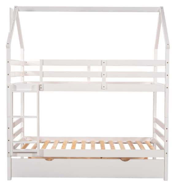 STICKON White Twin Over Twin Size House Bunk Bed with Trundle and Chimney Design