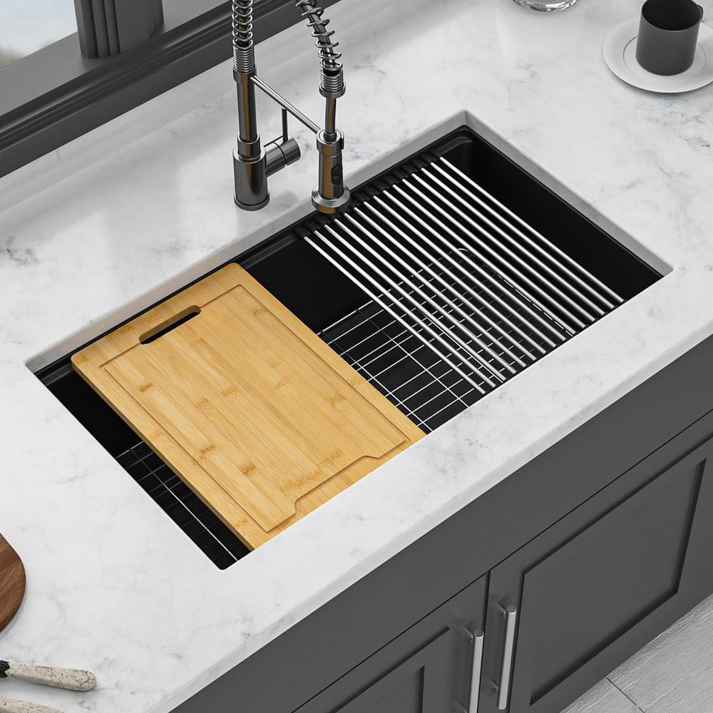 33 in. Undermount Single Bowl Black Quartz Kitchen Sink with Workstation