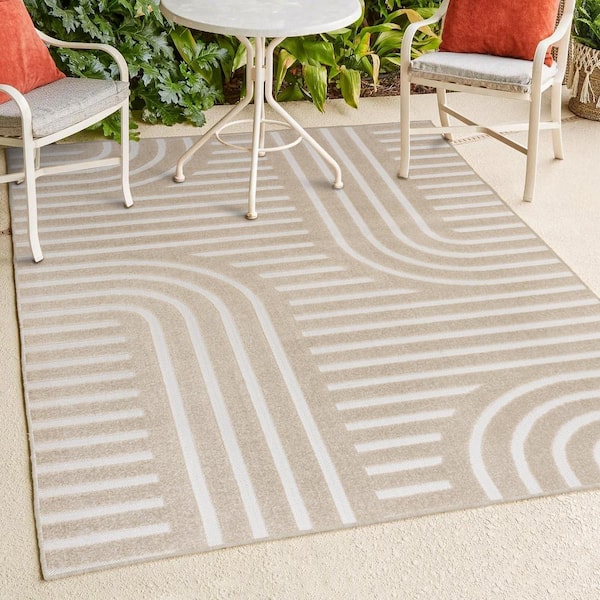 JONATHAN Y Anders High-Low MidCentury Modern Arch Stripe 2-Tone Beige/Cream 3 ft. x 5 ft. Indoor/Outdoor Area Rug