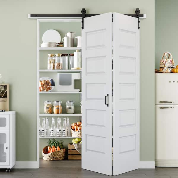 60 in. x 84 in. Paneled 5-Lite White Primed MDF Composite Bi-fold Sliding Barn Door with Hardware Kit and Handle