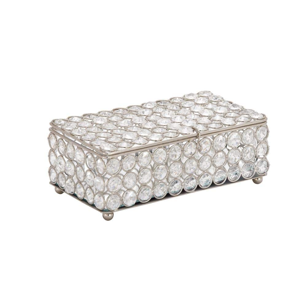Silver Metal Rectangular Jewelry Box with Rhinestone Embellishments