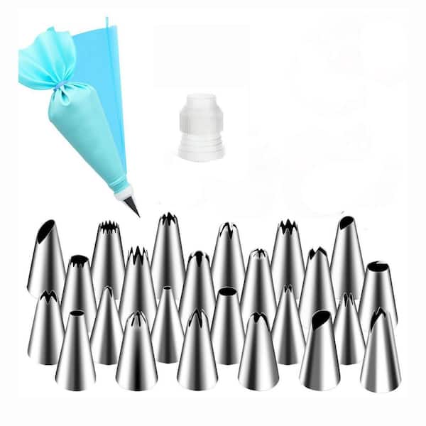 26-Piece Stainless Steel Decorating Set Frosting Piping Kit Silver with Reusable Bag and Coupler
