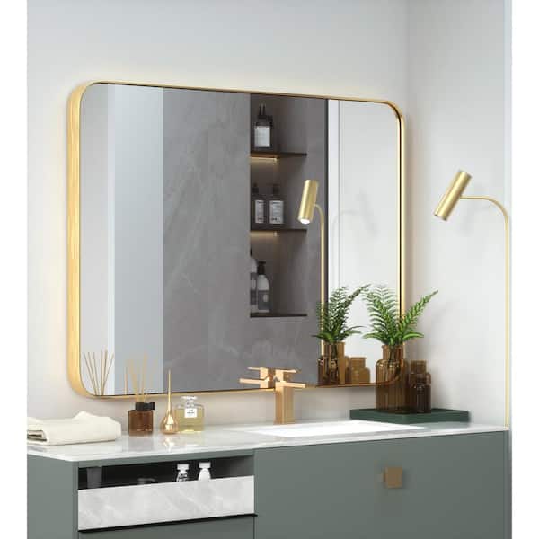 PRIMEPLUS 30 in. W x 40 in. H Large Modern Rectangle Stainless Steel Wall Mirror Bathroom Mirror Vanity Mirror in Brushed Gold