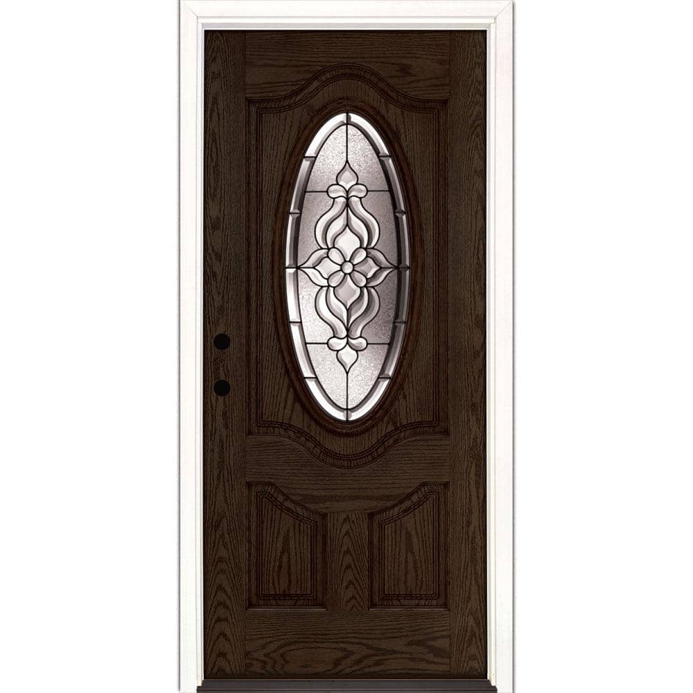 37.5 in. x 81.625 in. Lakewood Patina 3/4 Oval Lite Stained Walnut Oak Righ