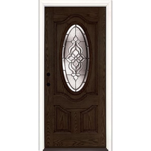Feather River Doors 37.5 in. x 81.625 in. Lakewood Patina 3/4 Oval Lite Stained Walnut Oak Right-Hand Inswing Fiberglass Prehung Front Door