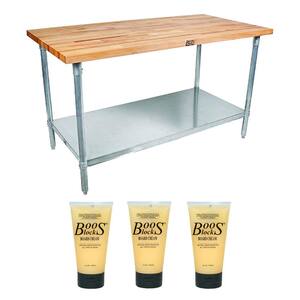60 in. Maple Wood Work Kitchen Prep Table with Undershelf and Care Cream, Natural (3 Pack)