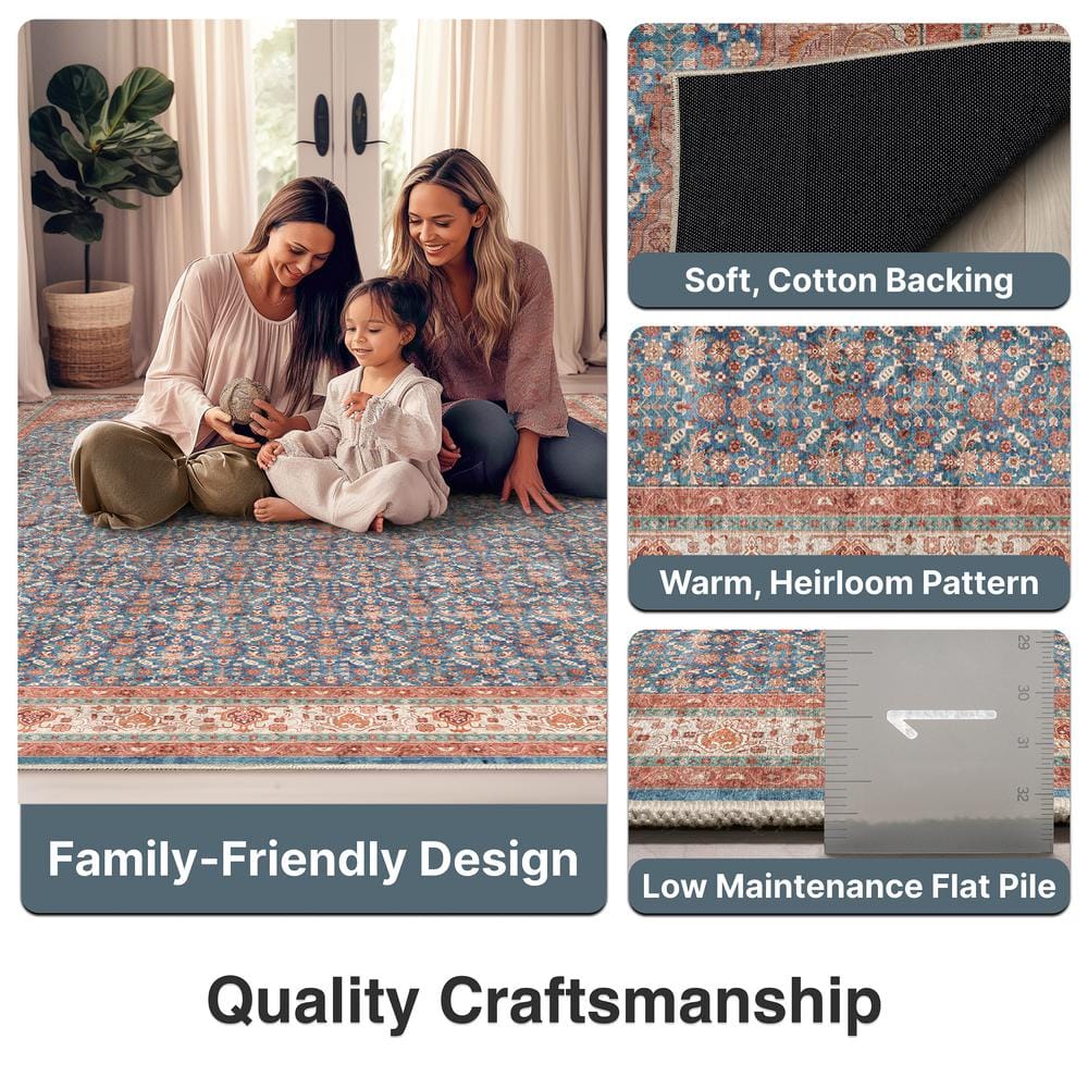 Blue Red 8' x 10' Chenille Oriental Washable Area Rug