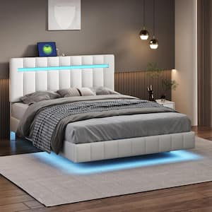 White Wood Frame Queen Size Floating PU Upholstered Platform Bed with LED Lights, USB Charging and Adjustable Headboard