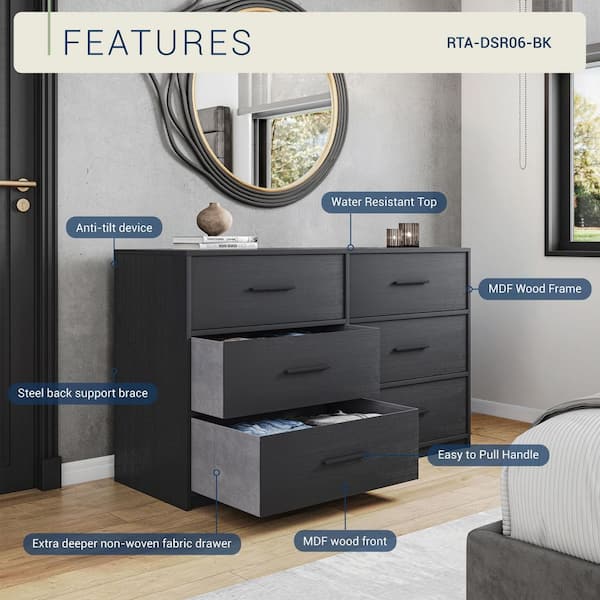 Techni Home Black 6-Drawer 44.5 in. Wide Dresser RTA-DSR06-BK