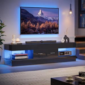 60 in. Glossy Black Stone-Patterned TV Stand with Drawer LED Lights Fits TV Up to 65 in. Entertainment Center