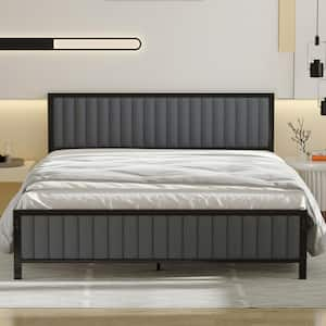 Bed Frame, Gray Metal Frame, Queen Platform Bed with Heavy-Duty Metal Foundation, Upholstered Headboard Bed