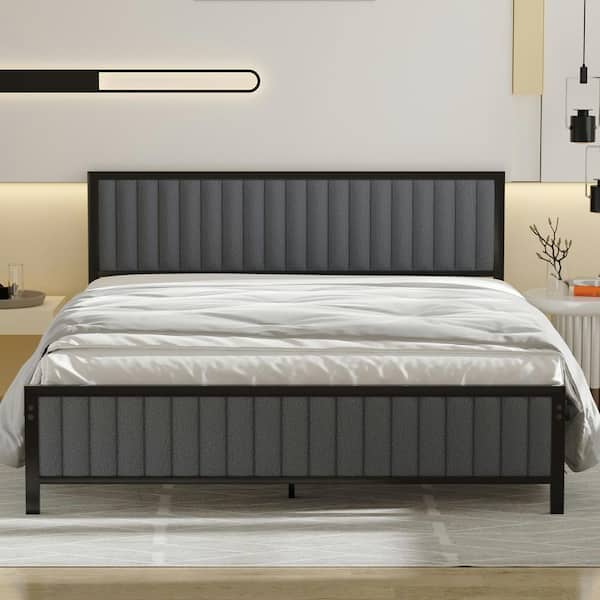 VECELO Bed Frame, Gray Metal Frame, Queen Platform Bed with Heavy-Duty Metal Foundation, Upholstered Headboard Bed
