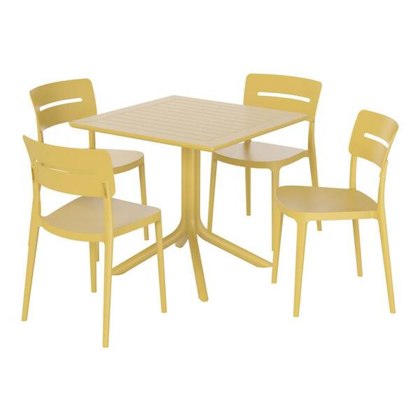 Frond&Form Yellow Plastic All Weather 5-Piece Square Table Modern Outdoor Patio Dining Set w/ 4 Stackable Chairs