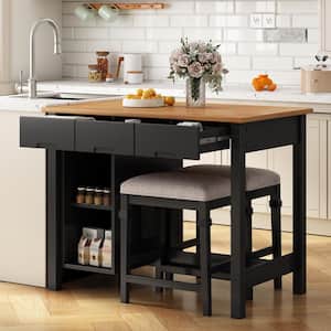 3-Piece White Rubber Wood 45 in. Kitchen Island Set with 2-Seatings for Small Places, Black BL-02