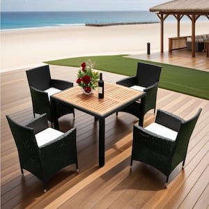 5-Piece Black Wicker Outdoor Dining Set with Beige Cushions and Acacia Wood Tabletop and Armrest