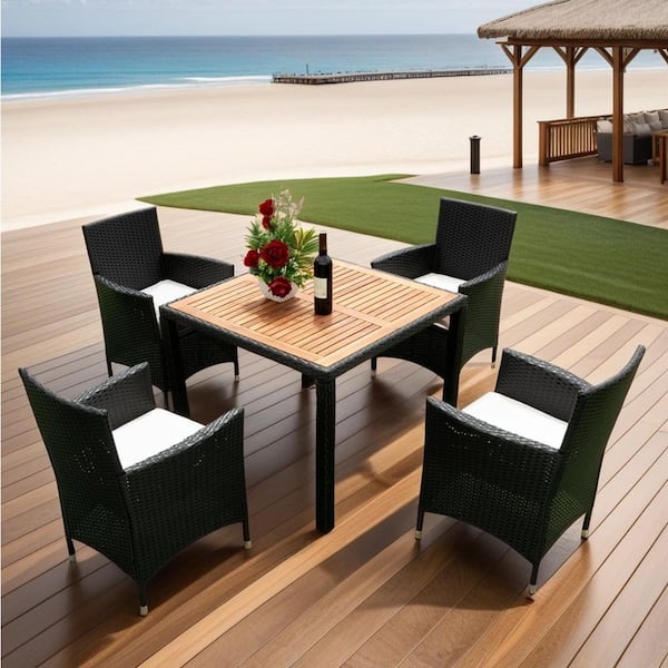 Unbranded 5-Piece Black Wicker Outdoor Dining Set with Beige Cushions and Acacia Wood Tabletop and Armrest