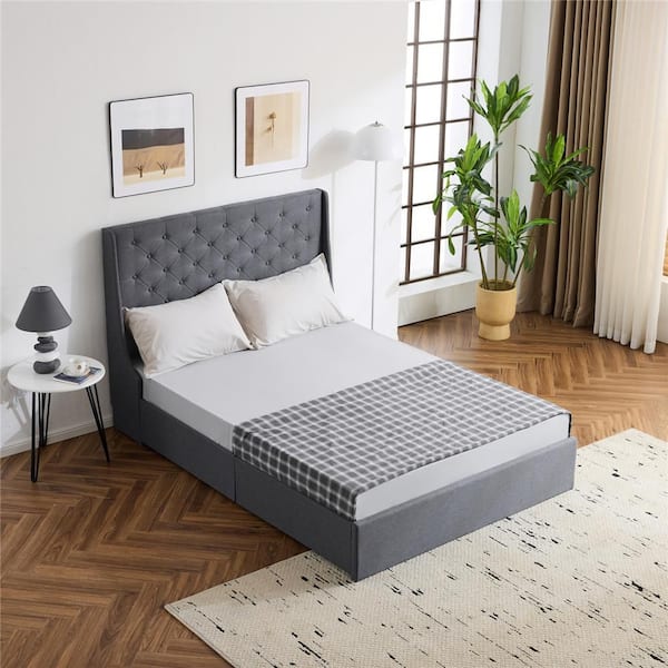Karl home Gray Upholstered Metal Frame Full Size Platform Bed with 4 Drawers, Wingback Headboard with Button Tufted Design