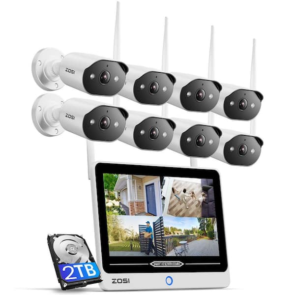 WiFi 6 8-Channel 2K 2TB NVR Home Security Camera System with 8-Spotlight Plug-in Outdoor Cameras and 12 in. Screen