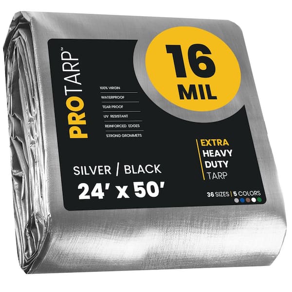 PROTARP 24 ft. x 50 ft. Silver/Black 16 Mil Heavy Duty Polyethylene Tarp, Waterproof, UV Resistant, Rip and Tear Proof