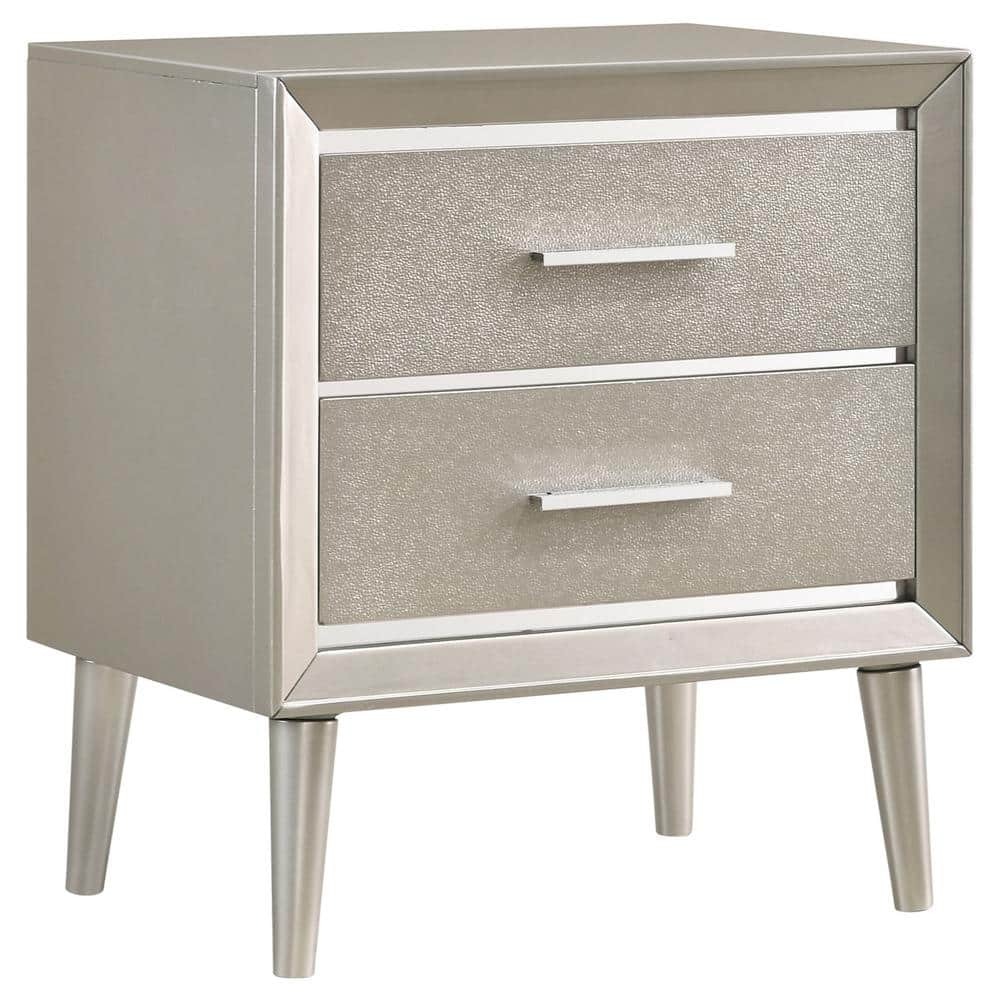 Elegant Transitional 2-Drawer Nightstand in Metallic Silver with Tapered Legs