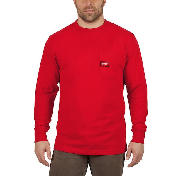 Milwaukee Men's Small Red Heavy-Duty Cotton/Polyester Long-Sleeve Pocket T-Shirt