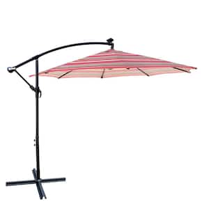 10 ft. Steel Patio Cantilever Umbrella Solar LED Lighted with Crank and Cross Base in Red Striped