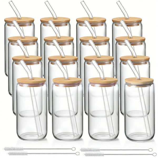 16-Pack 16 oz. Glass Cups with Bamboo Lids and Straws, Drinking Glasses Set, Iced Coffee, Tea Cup